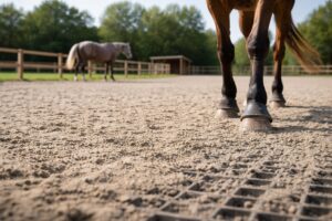 Kopyta konia na padoku z widoczną nawierzchnią stabilizującą, która pokazuje, jaka nawierzchnia na padok sprawdza się najlepiej w strefie codziennego ruchu