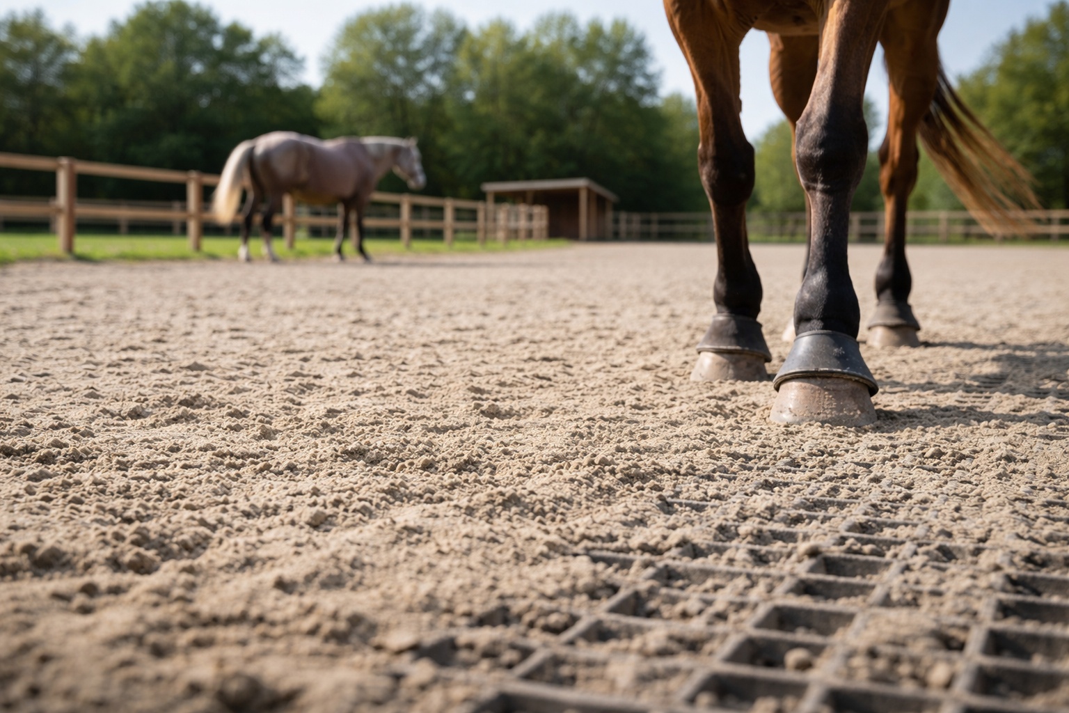 Kopyta konia na padoku z widoczną nawierzchnią stabilizującą, która pokazuje, jaka nawierzchnia na padok sprawdza się najlepiej w strefie codziennego ruchu